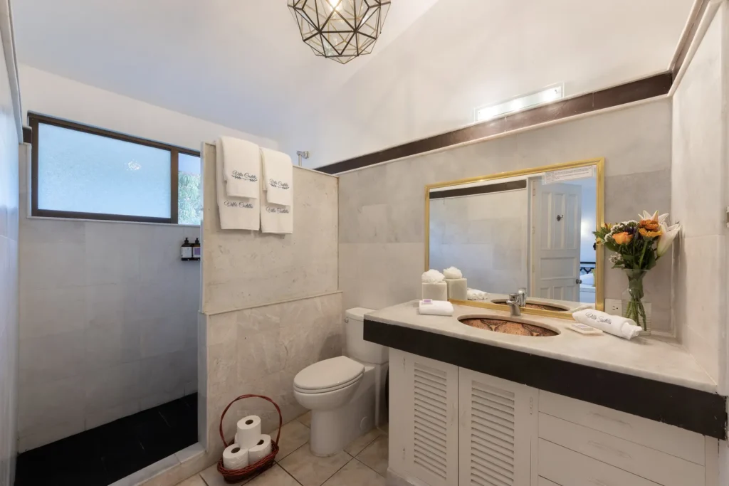 Bright bathroom with marble countertop and single sink, gold-framed mirror, towels, toilet, and a bouquet on the counter.